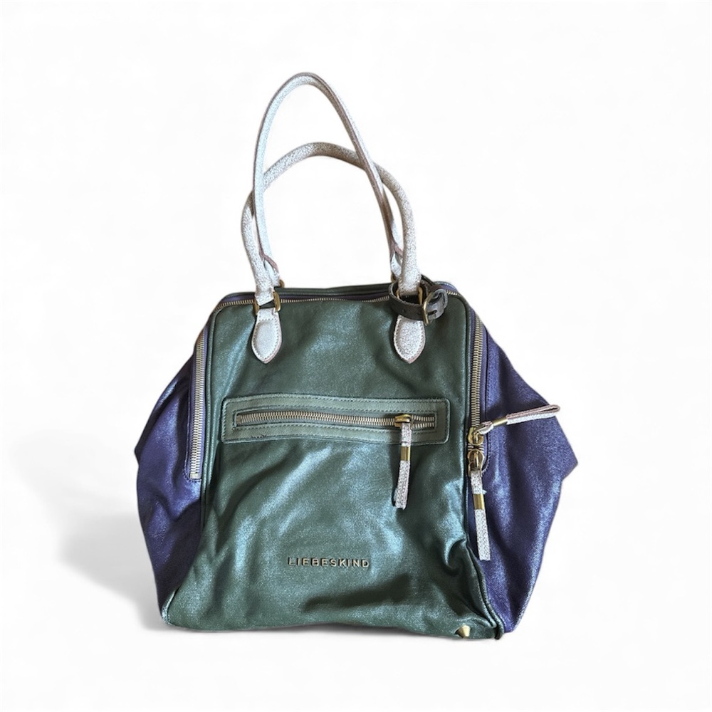 Liebeskind Women Two Tone Canvas Zip Closure Tote Shoulder Bag Green/Purple